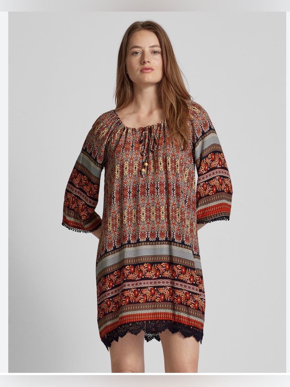 PAPILLION XL Bohemian Tunic Dress Rust Brown Blue Tassel Tie w/Bead Rayon 37” L
